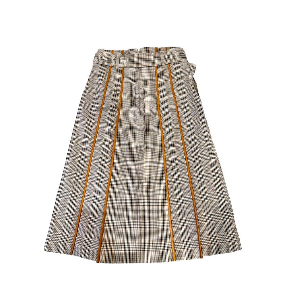 TORY BURCH Plaid Pleated A-Line Midi Skirt Leather Trim Belt Size 0 NWOT - Picture 5 of 9